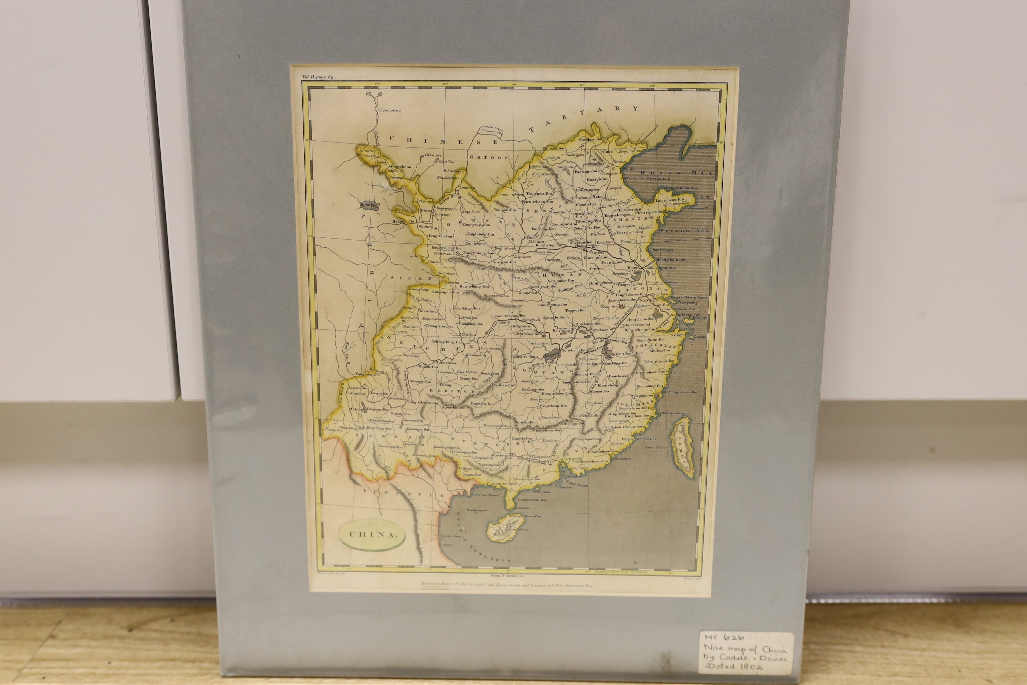 Two maps of China comprising, J. Barrow, Sketch of a Journey from Hang-Tchoo-Foo to Quang-Tchoo-Foo or Canton in China, pub. George Nicol, 1796, hand coloured engraved map, unframed and Cadell & Davies, China, publ. Marc
